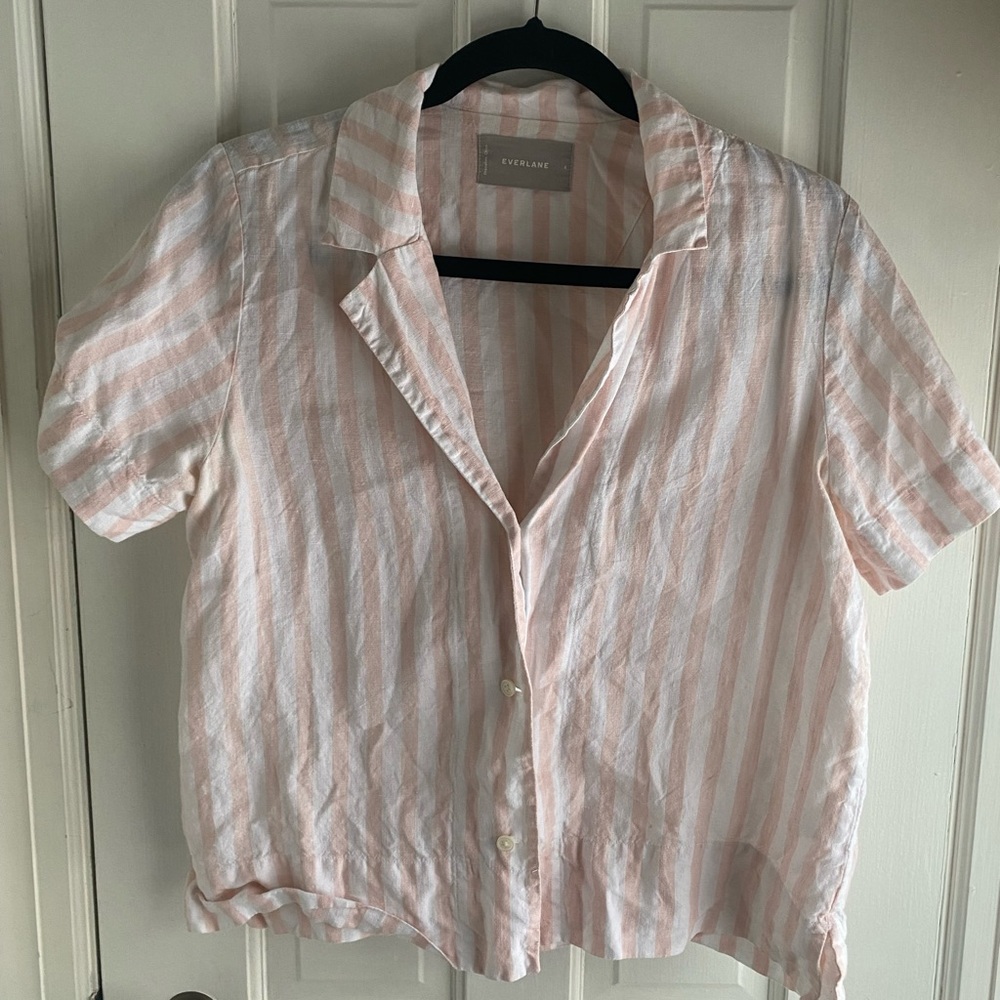 Linen pink striped Everlane blouse